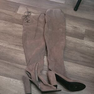 Guess Taupe Faux Sueade Over-the-Knee Boots With Tie At The Thigh